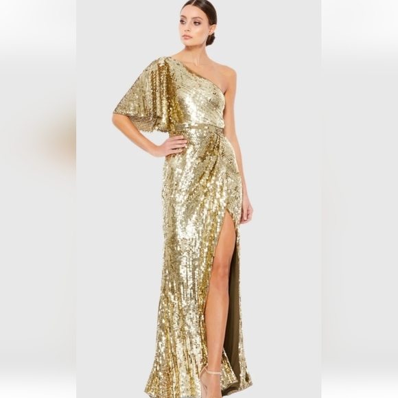 Mac Duggal 93540 Gold NWT 16 One shoulder Gown high slit - Picture 1 of 5